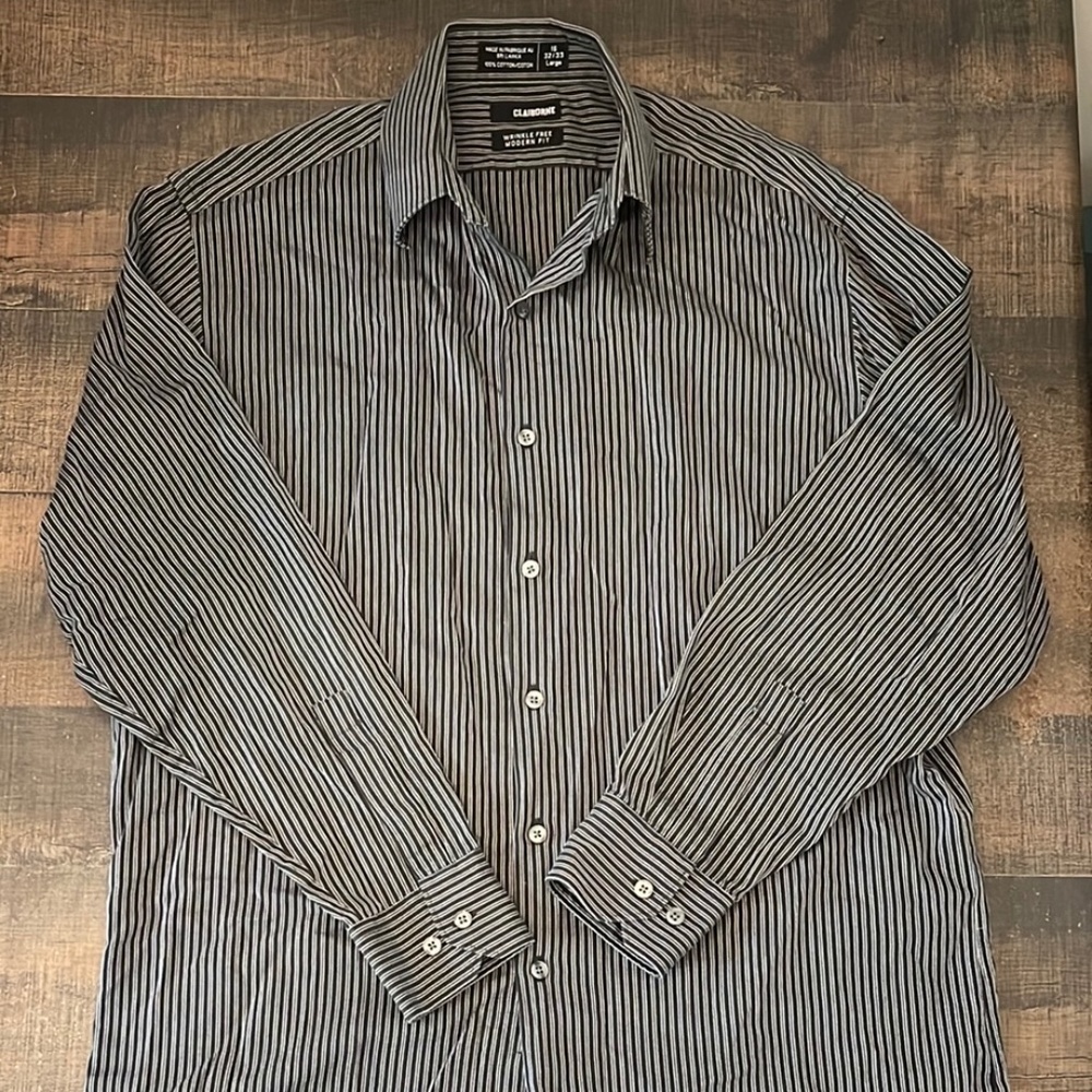 Claiborne 100% cotton black button down shirt with stripes